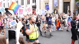 The parade of London Pride 2025 pass Trafalgar Square to 100's of cheering attendees