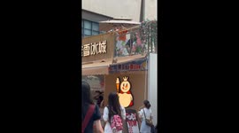 Puppy runs along shop awning like a makeshift treadmill