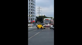 Robot car halts on trackway blocking tram and causing traffic in China