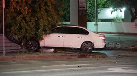 US, Los Angeles: Tarzana Car Abandoned After Crashing Into Utility Pole Power Knocked Out