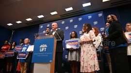 US: NYC Democratic mayoral nominee Mamdani speaks at UFT headquarters