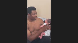 Dad holds newborn baby talking to him and telling him it’s okay & immediately gets stunned by babies burp