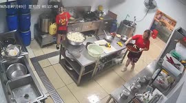 Waitress slips on oily kitchen floor sending bowl of soup crashing down