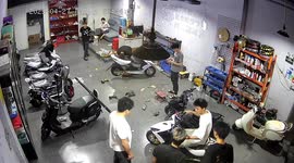 Man accidentally accelerates scooter into motorcycle display in Guangdong Province, China
