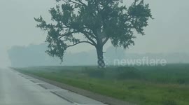 Caught thick wildfire smoke rolling into northern Minnesota while driving home — visibility dropped fast and the sky turned unreal.
