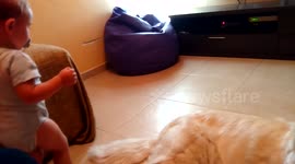 BEBE DE 1,5 AÑOS LE DA BESO DE BUENAS NOCHES A SU PERRITA////1.5 YEARS BABY GIVES GOOD NIGHT KISS YOUR DOG