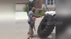 Ten-year-old amputee works out with wounded marine