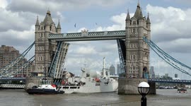 French vessel passes under Tower Bridge