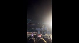Mr. Met falls off stage during Lumineers concert in Queens, New York, USA