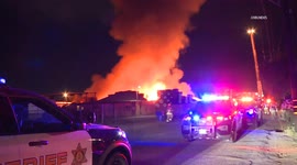 US, Los Angeles: Jurupa Valley Large Fire Engulfs Pallet Factory
