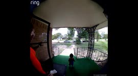 Security video captures child tumbling on steps in Dallas, Texas, USA