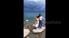 Women posing with legs up turn around to spot swan copying their pose