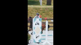 Equestrian falls during show jumping in Skanderborg, Denmark