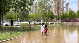 Small wave from passing vehicle causes chaos during flood in Shandong, China