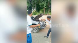 Snake catchers remove huge cobra from car engine