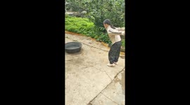 Schoolgirl with incredible balance lands standing on rim of basin