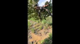 Man falls from tree into muddy field in Phnom Penh, Cambodia