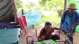 Grandmother pushed on cart as frantic Thai family flee home during Thai-Cambodia border clash