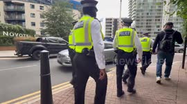 UK: Police officers arrive to protest outside the Britannia Hotel in London