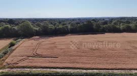 An aerial view of the wheat fields west of Ifield Brook Meadows in Ifield, Crawley, West Sussex