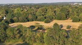 An aerial view of Ifield Brook Meadows, Ifield, Crawley, West Sussex. 11 July 2025. 4K video