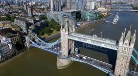 Drone captures Tower Bridge over River Thames in London