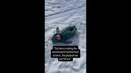 Baby hilariously takes a snowy detour while mom pulls an empty sled- breaks 10 million views