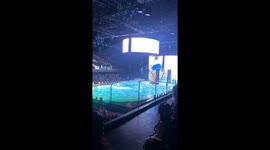 Ice skater portraying Moana stumbles during performance in Santiago, Chile