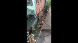 Resilient Filipinos dance as they wade through flooded street
