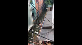 Children teach their friend to swim while streets are flooded