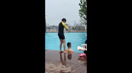 Boy drops water-filled swim cap on man’s head in Beijing, China