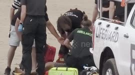 Cornwall Air Ambulance lands on a busy beach, Multi agency, casualty recovery, Towan Beach, cornwall, UK