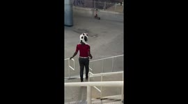 Cat perched on owner’s head while walking down stairs in Atlanta, USA