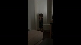 Toddler calms down with chip after waking up in Las Vegas, USA