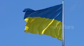 The Authentic Ukrainian flag is waving in the wind. Blue and Yellow