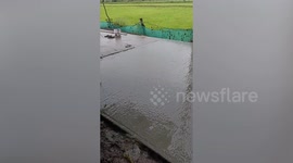 Hapless motorcycle rider gets stuck in wet cement