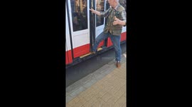 Elderly man trips and falls while boarding bus in Odesa, Ukraine