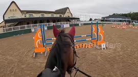 Woman falls off horse before jump in Southam, England