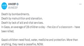 Gaza Strip: An average of 28 children killed daily in Gaza: UNICEF
