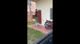 Snake leaps at resident trying to catch reptile making him fall from chair