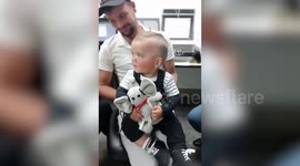 Adorable moment tot hears his mum's voice for the first time