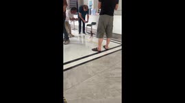 Baby deer slips as she walks across tiles in China