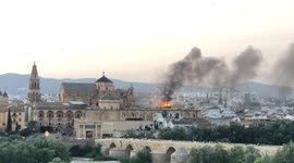 Fire in or near Mezquita-Catedral de Córdoba 08/08/2025 ~21:20 full view high angle. Cordoba cathedral mosque fire