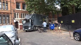 Chelsea dogs seeing off Sunbelt Rentals crew as Roses Baby film production leaves Philbeach Gardens on Saturday