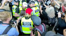 Police Shove Protesters and Arrest Elderly Woman at Protest in Support of Recently Proscribed Group Palestine Action. Parliament Square, London, UK 09/08/2025
