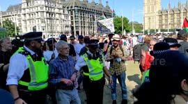 Elderly Man Arrested at Protest in Support of Recently Proscribed Group Palestine Action. Parliament Square, London, UK 09/08/2025
