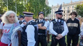 A long debate takes place between a Police Officer and members of the pro-Palestine  Defend Our Juries  protest in Parliament Square