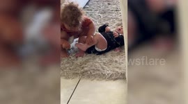 Toddler tries to help baby sister get ready but quickly gives up and walks away
