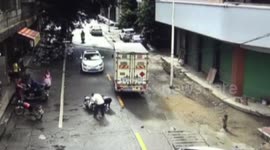 Five-year-old boy starts motorcycle by mistake, crashes into lorry