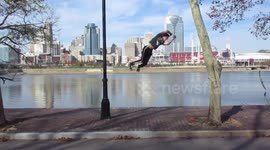 Slackline City Tricks over Concrete
